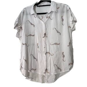 Jane & Delancey Womens Large Shirt Button Up Seahorse Novelty Print Short Sleeve